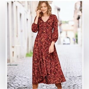 Peruvian Connection Burgundy Floral Long Sleeve Dress